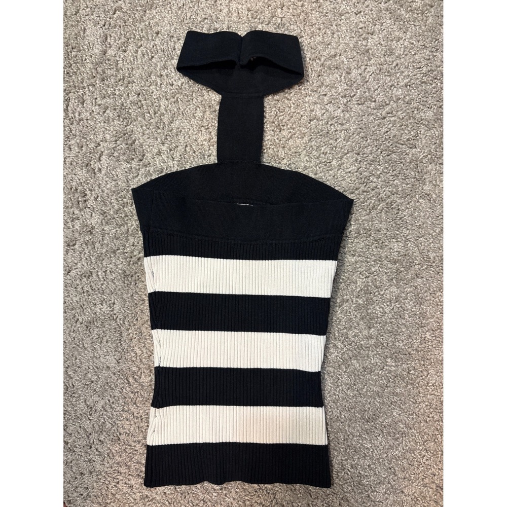Bebe Silk Blend Striped Choker Neck Ribbed Knit Top Black White Small - Picture 7 of 8